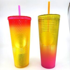 Starbucks 2022 Thailand Mango studded tumbler and Grid pink lemonade